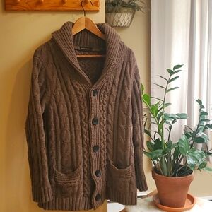BOTVELA Brown Wool Blend Shawl Collar Cable Knit Cardigan Sweater Size Mens M